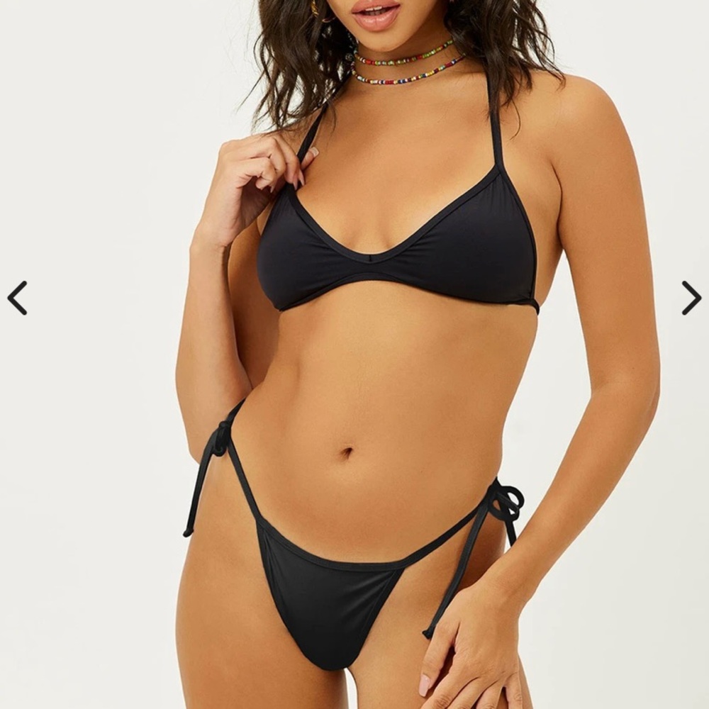 Frankies Bikini’s black bikini Boardwalk String top with Hazel string bottom